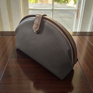 Charles Jourdan Textured Hand Clutch Cosmetic Bag Brown Beige Leather Trim Snap